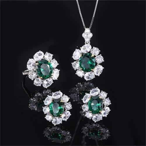 QTT 925 Sterling Silver Jewelry Sets Green Oval Cubic Zirconia Bridal Necklace Earrings For Women Wedding Jewelry Sets