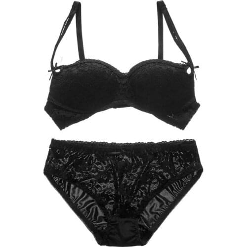 2019 Women Sexy Lingerie Lace Bra Set Solid Color Half cup Embroidery No Steel Ring Gathered Bra + Bow Underwear Set