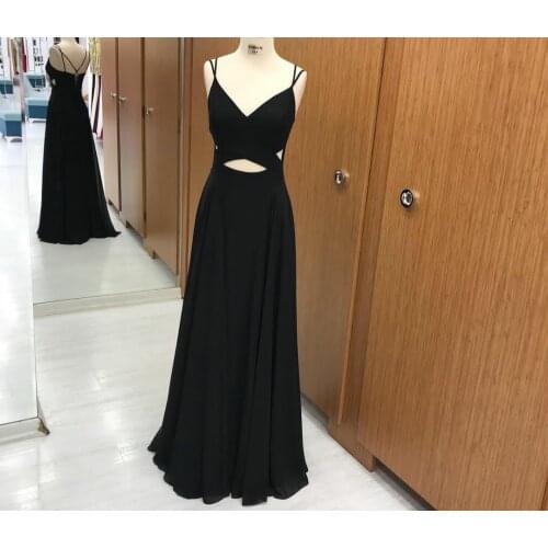 Sexy Long Chiffon Black Evening Dresses with Pockets A-Line V-Neck Criss Cross Back Abendkleider Robes De Soirée for Women