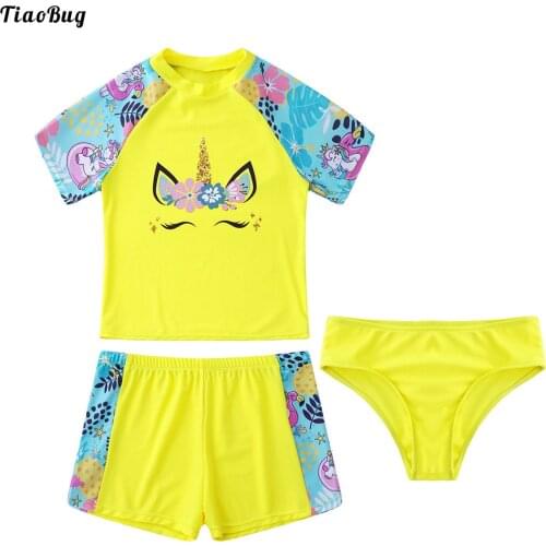 TiaoBug 3Pcs Kids Girls Stand Collar Short Sleeves Cartoon Print Tops With Shorts And Briefs Set Pool Swimming Bathing Rashguard