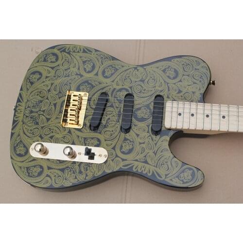 Free shipping custom 6 string guitar body,gold fire pattern guitar,SSS pickups,gold bridge,maple neck,gold buttons
