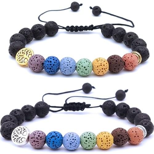 Tree 8mm Seven Chakra Bracelet Briaded Black Lava Stone Beads Women Men Bracelet Buddha Friendship Strand Bracelet Jewelry