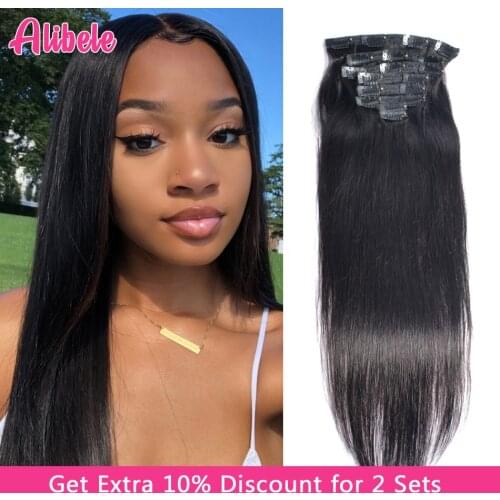 Alibele Straight Clip In Human Hair Extensions 120G/Set 10-24 inch Natural Color Peruvian Remy Human Hair Extension Clip Ins