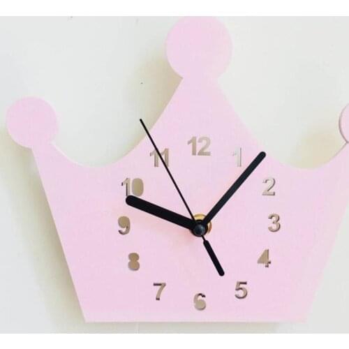 Children Room Decor Photograph Accessories Pink Crown Shape Mute Wall Clock Beautiful Hand-made Carving Kids Number Learning