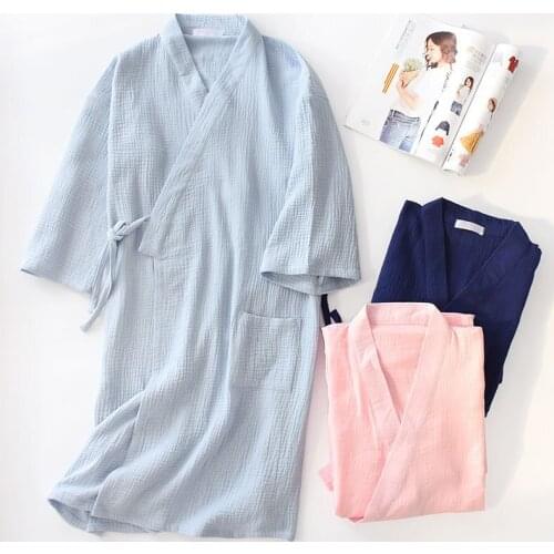 Summer 100% Cotton Crepe Double Gauze Japanese Kimono Robe Womens Robes Sleepwear Couple Dressing Gown Long Wedding Pajamas
