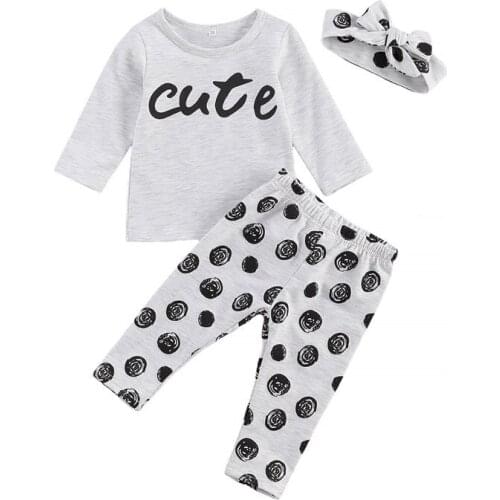 0-24M Newborn Baby Girl 3 Pcs Outfits Grey Cute Letter Printed Long Sleeve Top + Printed Long Pant + Bowknot Headband Fall Set
