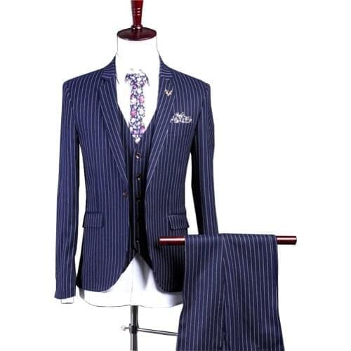 Mens Suit 3 Pieces Wedding Pinstripe Men Suit Peaked Lapel Slim Fit Blazer Business Notched Lapel Tuxedos Blazer+Veat+Pants