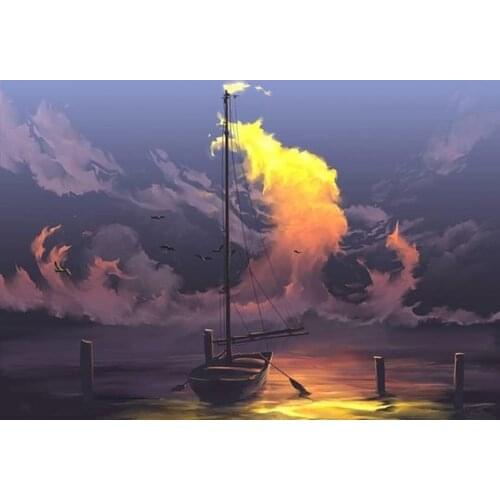 5D DIY Poured Glue Diamond Painting Kits Scalloped Edge Airplain and Flying Ship With Beautiful Clouds Wall Decoration Gift Art