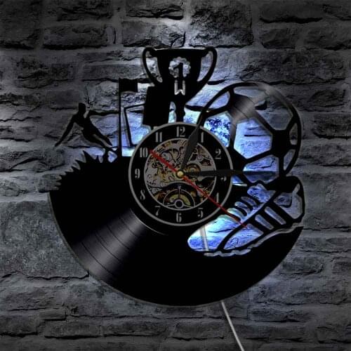 Football Soccer Ball Wall Clock Wall Art Football Trophy Wall Vinyl Record Clock Home Decor Team Champions Sports Fan Gift
