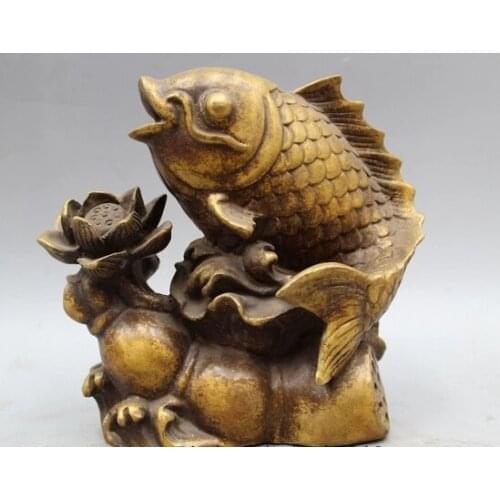 Wholesale factory 8" Chinese Bronze Folk lotus flower root Carp Fish barracuda Statue sculpture 25% off