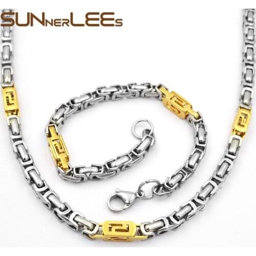 SUNNERLEES Jewelry Stainless Steel Necklace Bracelet Set 6mm Geometric Link Chain Silver Color Gold Plated Men Women SC99 S