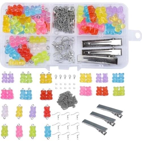DIY Earrings Kit Bear Charm Necklace Pendant Lobster Clasp Jump Rings Earring Hook Hair Clip for Jewelry Making Bracelet Set