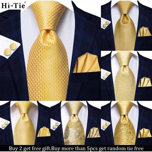 Hi-Tie Yellow Plaid Paisley Silk Wedding Tie For Men Gift Men Hanky Cufflink Necktie Gravata Set Business Designer Dropshipping