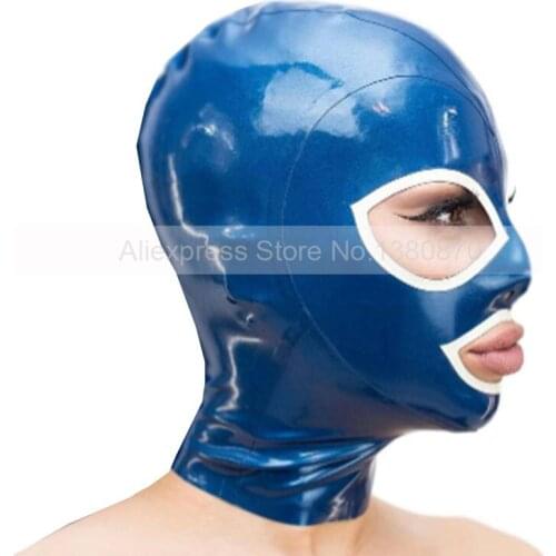 Dark Blue and White Trims Sexy Latex Rubber Mask Hood Club Party Headwear Handmade S-LM232