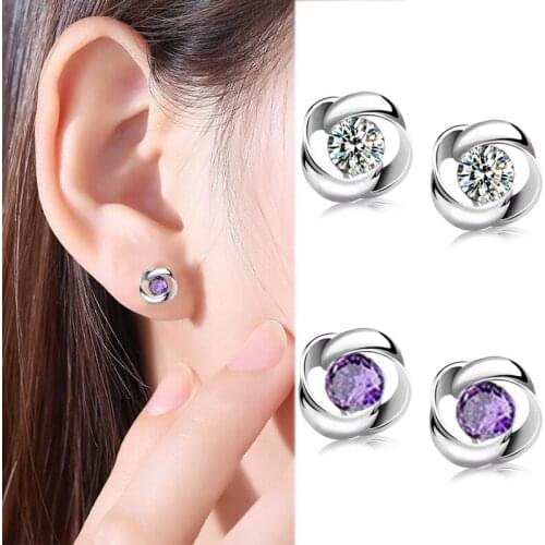 Korean Christmas Gifet Purple Love Flower Couples White Cute Shiny Silvering Crystal Stud Earring Rotation 1Pair Fashion Jewelry