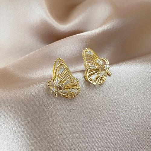 Classic Exquisite Cubic Zirconia Butterfly Gold Stud Earrings for Women Luxury New Korean Earrings Party Jewelry Accessories