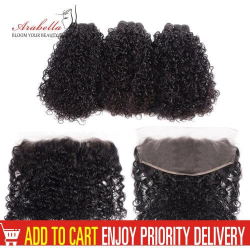 Curly Hair Bundles With Frontal 100% Human Hair Arabella Remy Hair Natural Color Pre Plucked 13*4 Lace Frontal With Bundles