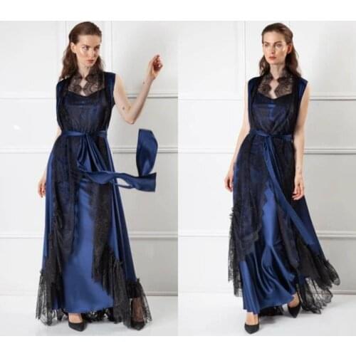 Two Pieces Lace Women Sleepwear Bathrobe Long Silk Kimono Dressing Gown Babydoll Lingerie Bath Robe Black Camisola De Dormir