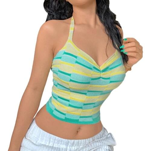 Ladies Summer Sexy Backless Camisole Creative Color Matching Hanging Neck Lace Up V-neck Sleeveless Base T-Shirt Knitted Tops