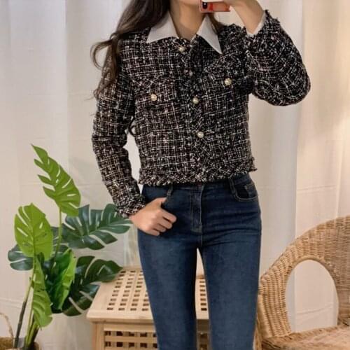2021 Autumn Winter Tweed Jackets Women O-Neck Long Sleeve Loose Wool Coat Single Breasted Outwear Vintage Harajuku