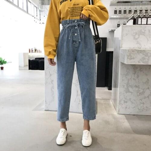 Ruffles Jeans Woman Autumn Elastic Waist Boyfriend Trousers Vintage Jeans Denim Korean Sashes Button Harem Pants Plus Size 2021