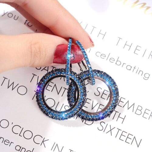 Korean Fashion Womens earrings Blue Shine Hoop Office Career Round Full Rhinestone Statement Simple Small Jewelry Party Gifts