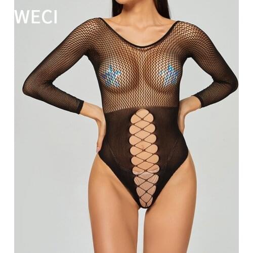 WECI Womens Fishnet Thong Bodysuit Mesh Swirl Tights One-Piece Dress Hollow Temptation Body Romper Pajamas Hot Sexy Lingerie 18