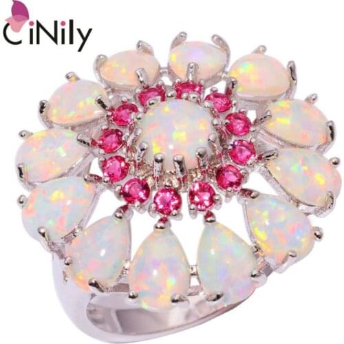 CiNily Created White Fire Opal Kunzite Silver Plated Ring Wholesale Retail Big Flower for Women Jewelry Ring Size 6-10 OJ6184