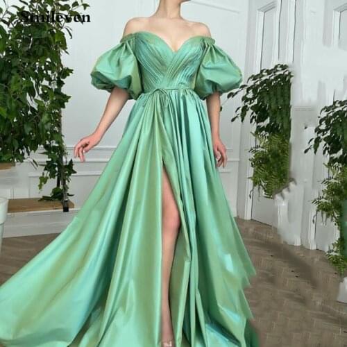 Smileven Green Sweetheart Evening Dresses Puff Sleeve Arabic Special Occasion Dresses High Split Evening Party Gowns