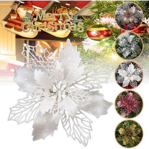 10x Glitter Poinsettia Flower Christmas Wreath Tree Decorations Xmas Gift 2