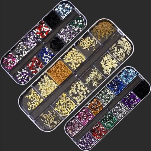 12 Grids/Box Nail Art Alloy Studs 3D Decorations Pearl Charm Metal Frame Rivets DIY Nail Sequins Rhinestones Accessories Tr#015