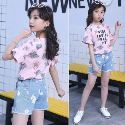 Kids Flower T Shirt and Denim Shorts for Girls Pink White Two Piece Clothes Sets Korean Style Cute Summer Girls Clothing Sets