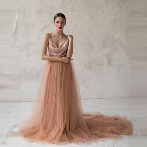 Legant Champagne A-line Bridal Tulle Skirts With Train Floor Length Wedding Party Gust Tulle Skirt Women Mesh Skirt