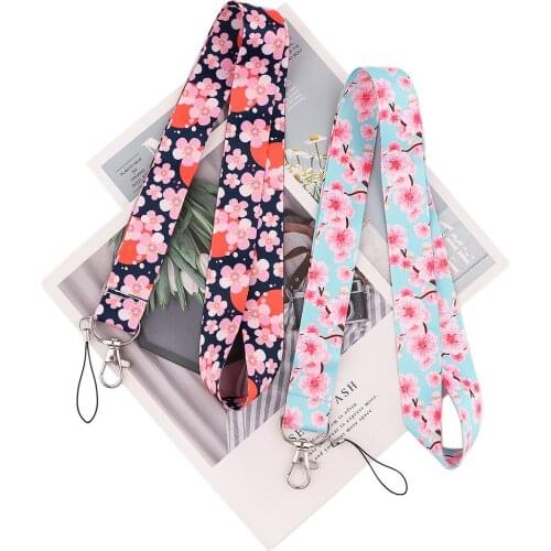 ER1043 Fashion Cherry Blossoms Lanyard Badge ID Lanyards Mobile Phone Rope Key Lanyard Neck Straps Accessories Jewelry