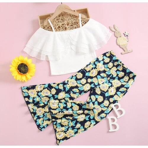FOCUSNORM 2-7Y Fashion Kids Girls Holiday Clothes Sets Ruffles Off Shoulder T Shirts Tops Floral Printed Flare Pants 2pcs