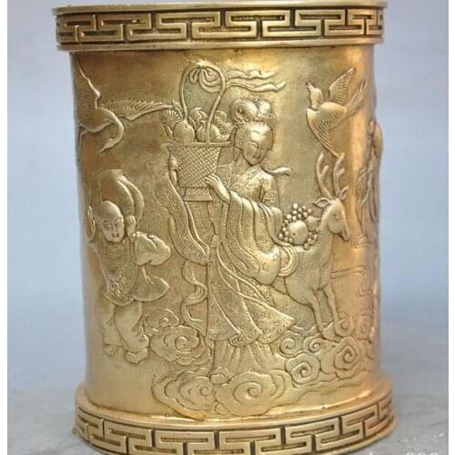 China Brass Longevity Fu lu shou Belle boy Deer bird lucky Brush Pot pencil vase