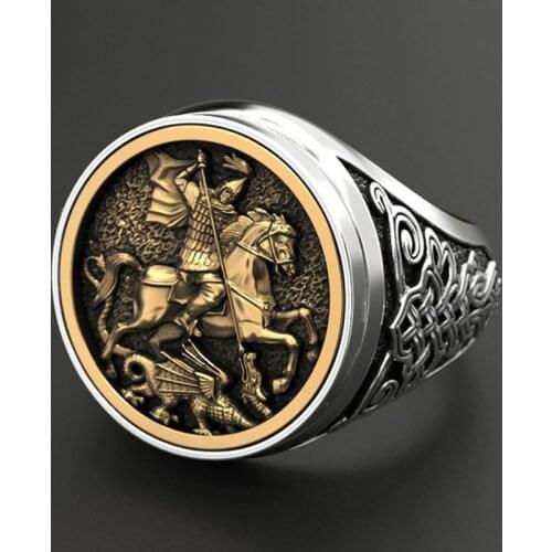 Punk Cool Mens Finger Ring Dual Color Gold Metal Rome Soldier Horse Dragon Rings Fashion Jewelry bague homme