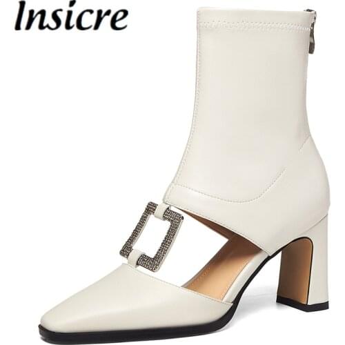 Insicre 2021 Summer Fashion Women Ankle Boots Crystal Knot Black Zipper Cow Leather Patchwork Square Toe Thick High Heels