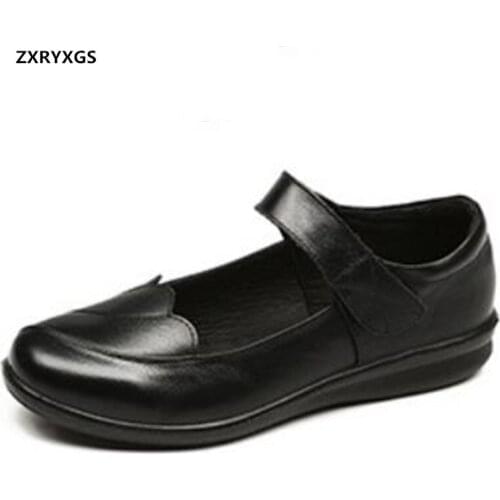 Hot Promotion Top Cowhide Mother Shoes Flat Shoes 2020 New Autumn Middle-aged Mom Shoes Soft Sole Comfortable Casual Shoes Black