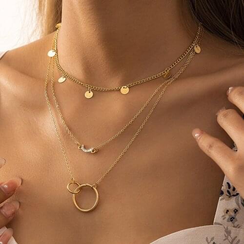 Fashion Retro Double Circles Pendant Necklace For Women Multilayer Copper Tassel Sequin Chain Choker Necklaces Bohemia Jewelry