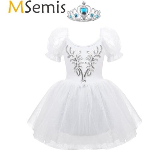 MSemis Girls Ballet tutu Dress Dance Clothing Short Puff Sleeves Sequins Applique Ballet Dance Mesh Tutu Dress Kids Dancewear