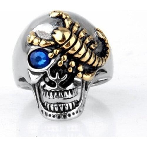 Mens Blue CZ eyes Gold Scorpion Silver color Skull Stainless Steel Biker Ring Size 7-15