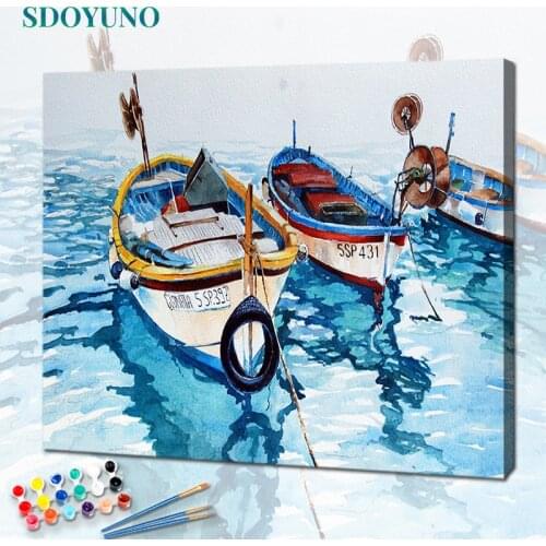 SDOYUNO Paint By Numbers On Canvas Boat Scenery DIY Frameless 60x75cm Oil Painting By Numbers Handpaint Seascape Home Decor