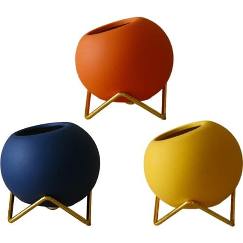 Small Flower Vase Set of 3, Modern Ceramic Vase for Living Room Decor Yellow Blue Orange Round Vase for Faux Flowers