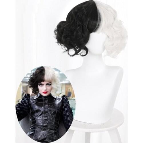 Cruella de Vil Cosplay Wig Ms. Spot Hair Deville Dalmations Heat Resistant Short Curly Black White Wigs Halloween Party