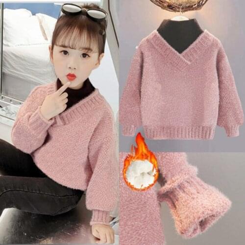 Kids Girls 2021 Autumn Winter New Fashion Patchwork V-neck Tops Sweaters Children Clothing Turtleneck Long Sleeve Pullover C177