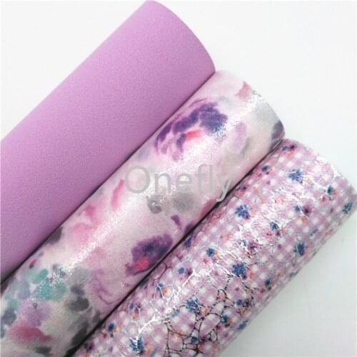 Onefly 21X29CM Purple Suede leather, flowers Printed Synthetic Leather Fabric Sheets For Bow DIY handbags shoes BQ051