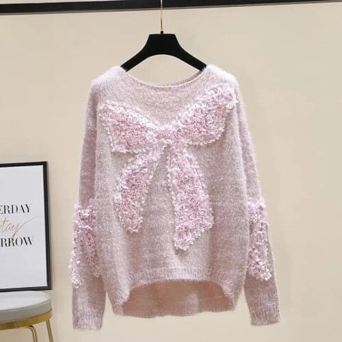 Christmas Beaded Bow Sweater Female 2021 Fall Winter All-Matching Knitted Low Pullover Women Clothing Pull Top Sweet Girl Flower