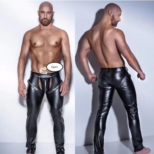 Sexy Mens PU Leather Pants Hollow Out Open Crotch Erotic Lingerie Skinny Trousers Gay Fetish Night Culb Party Leggings Outfits