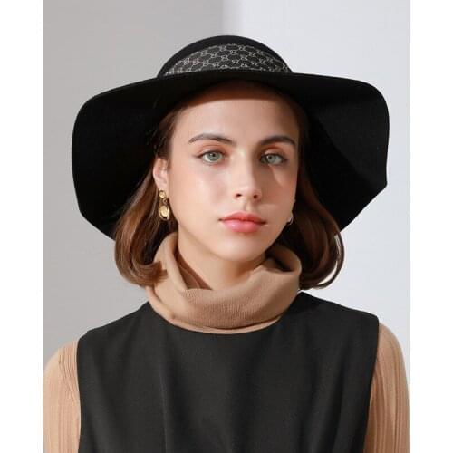 High-quality Women Woolen Fedora Hat with Small Fragrance Embellishment Big Brim Sun Hat Fashion Lady Dome Luxury Bowler Hat Hot